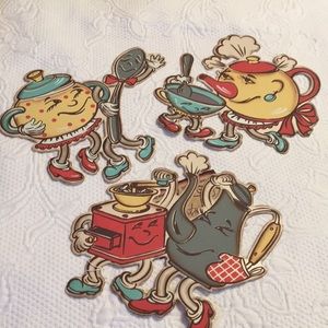Whimsical kitchen metal signs set 3 teapot coffee theme teacup saucer